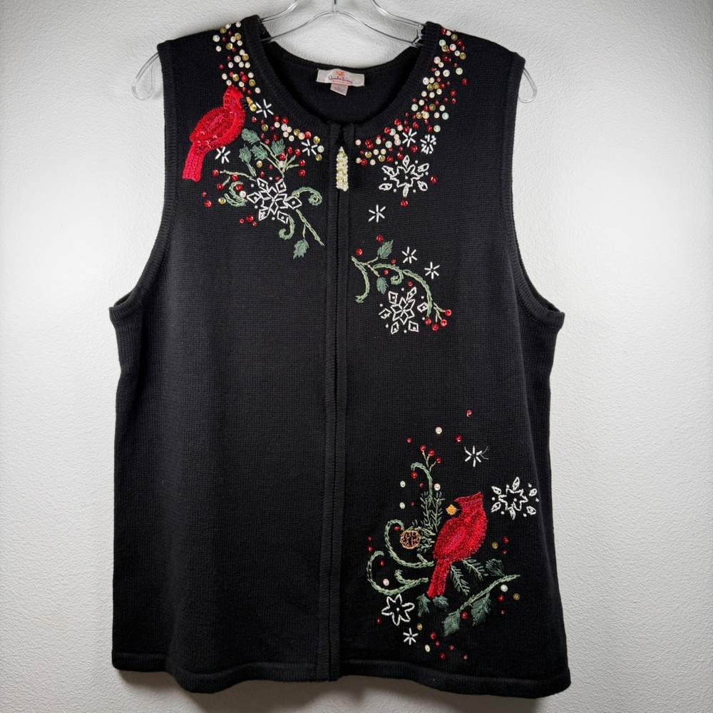 Quacker Factory Vintage Black Cardinal Snowflake Embroidered Zip Sweater Vest L